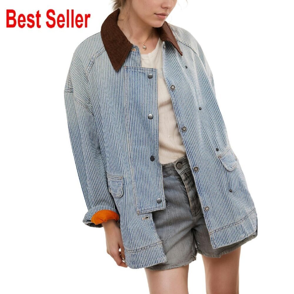 Oversized Denim Jacket Striped Y2K Chic Button Down Long Sleeve Casual